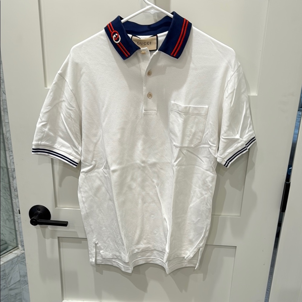 Gucci Blue and White Polo Shirt with Striped Collar